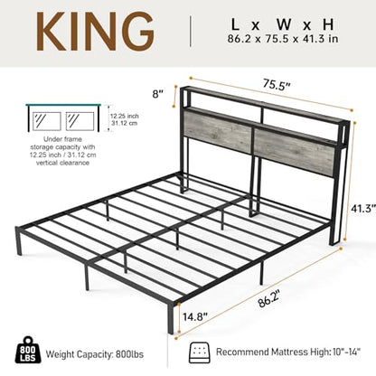 RVONOW King Size Bed Frame with 2-Tier Storage Headboard, Rustic Grey | Wooden headboard with LED lights, built-in charging station, No Box Spring Needed, Noise Free, Easy Assembly, Modern Bedroom - color: Rustic Grey, size: King