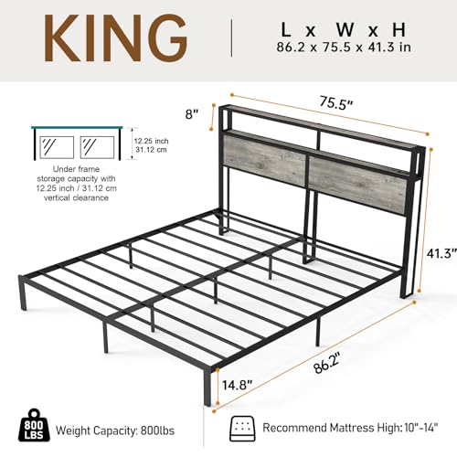RVONOW King Size Bed Frame with 2-Tier Storage Headboard, Rustic Grey | Wooden headboard with LED lights, built-in charging station, No Box Spring Needed, Noise Free, Easy Assembly, Modern Bedroom - color: Rustic Grey, size: King
