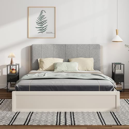 TUTOTAK Small Narrow End Table with Charging Station, Set of 2 | Side Table with Outlets, Nightstand with Cloth Drawer, Couch Table for Living Room, Bedroom, Bedside, Charcoal Grey TB01BY058 - color: Charcoal Grey, style: 1 Drawer & Plug