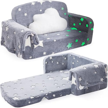 Foryoomi Extra Wide Kids Couch, 2-in-1 Soft Couch with Blanket, Glow in The Dark, Comfy Chair with Cloud Pillow, Convertible Sofa, Star - color: Grey Star