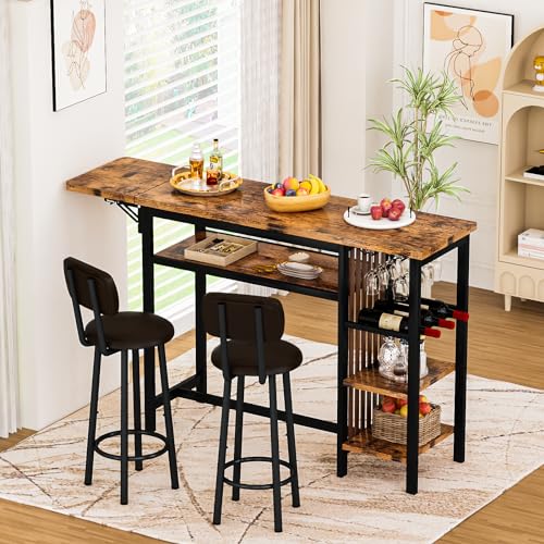 Recaceik 59" Bar Dining Table Set for 2, Bar Table and Chairs Set, Expandable Counter Height Dining Table Set, Small Kitchen Bar Table with Wine Racks & Storage, Breakfast Nook Set for Small Space - size: 59 inches