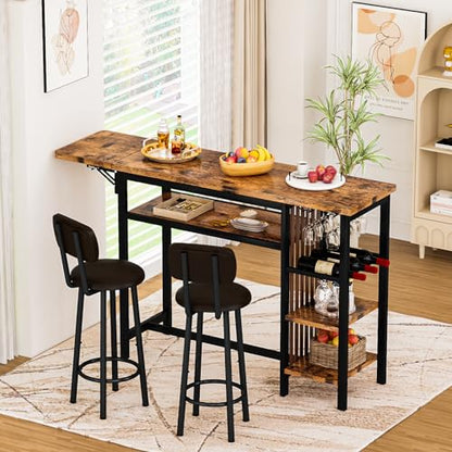 Recaceik 59" Bar Dining Table Set for 2, Bar Table and Chairs Set, Expandable Counter Height Dining Table Set, Small Kitchen Bar Table with Wine Racks & Storage, Breakfast Nook Set for Small Space - size: 59 inches