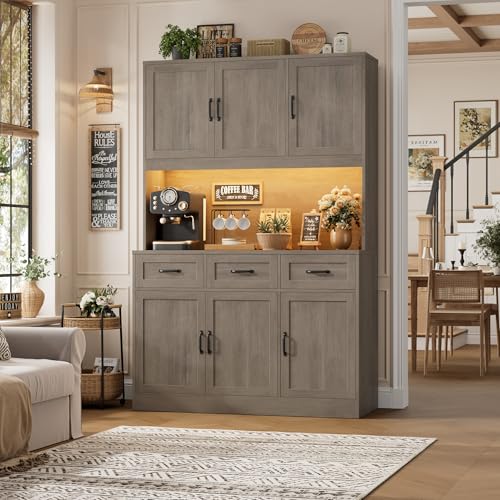 HOSTACK Kitchen Pantry Storage Cabinet, Kitchen Hutch Cabinet, Ash Gray | 47"W Food Pantry Cabinet with Smart LED / Charging Station / Countertop / 3 Large Drawers, 72"H Storage Hutch for Dining Room - color: Ash Gray