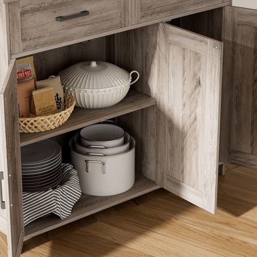 Homhedy Coffee Bar Storage Cabinet with Drawers, Kitchen Buffet Cabinet | Sideboard Cabinet with Doors, Farmhouse Buffet Cabinet, Adjustable Shelves, for Kitchen / Dining / Living Room, Greige - color: Greige