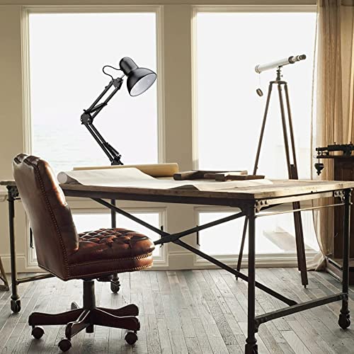 PowerKing Metal Swing Arm Desk Lamps, Adjustable Architect Lamp, Black | Metal Material, Adjustable & Flexible, Fits E26 E27 Bulbs, 2-in-1 Design, Eye-Caring Reading Light, for Home & Office - color: Black