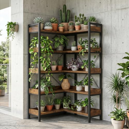 GTPLAYER 5-Tier Corner Bookshelf, L-Shaped Metal Frame Shelf with Tall 14" Shelves, Plant Stand and Storage Rack for Small Spaces, Living Room and Home Office, Vintage Brown - color: Vintage Brown, size: 5 Tier