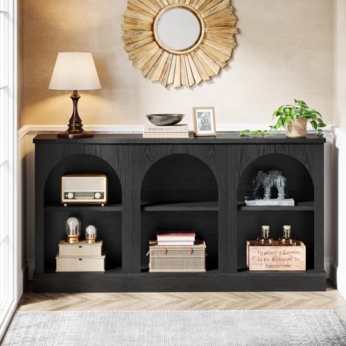 Tribesigns Black Console Table with Storage, 63" Long Arched Entryway Table | 3 Tier Wooden Farmhouse Rectangular Sofa Table Behind The Couch for Entrance, Hallway, Foyer, Living Room - color: Black