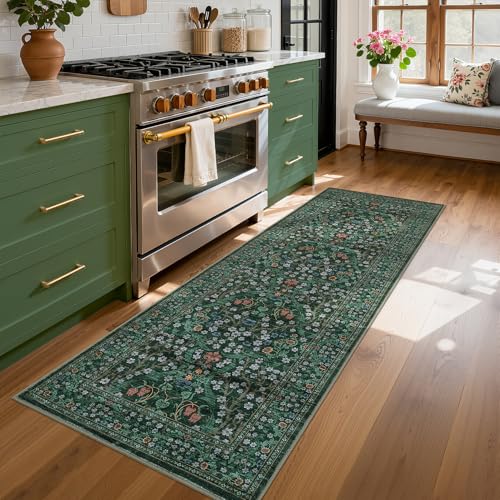 GarveeHome Dark Green Floral 2x6 Washable Kitchen Runner Rug | Vintage Stain Resistant Rugs for Entryway Hallway Bedroom Bathroom Low-Pile Non-Slip Soft Botanical Boho Rug TPE Backing - color: B.dark Green, size: 2' x 6' (Runner)