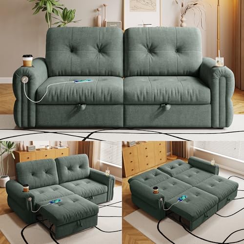 80.4" Queen Sleeper Sofa Bed, 3 in 1 Convertible Pull Out Couch with USB Ports & Cup Holders, Modern Chenille Loveseat Sofabed with Adjustable Backrest for Living Room, Bedroom, Apartment - color: Green, style: Sofabed w/USB &Cup Holders