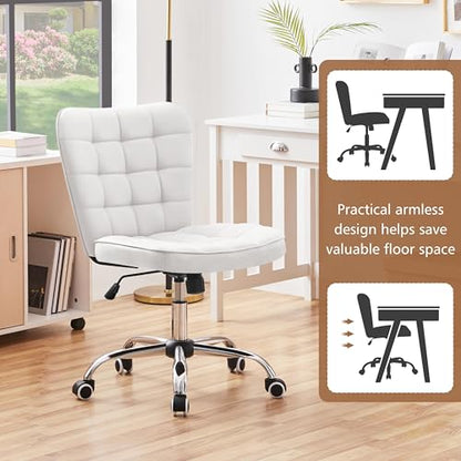 Yaheetech White Tufted Armless Office Desk Chair with Wheels, Faux Leather | Thick foam cushioned seat tilts back to relax, lifts 18-22 in, spins 360 degrees, holds 300 lb, and assembles with ease. - color: White