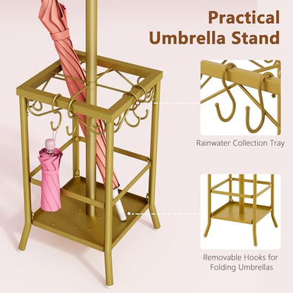 Hoctieon Coat Rack Freestanding, Coat Tree with Umbrella Holder | Metal Coat Rack Stand with 12 Hooks, Standing Coat Hanger Stand, Umbrella Stand for Entryway, Hat Rack Stand for Home Office - color: Gold