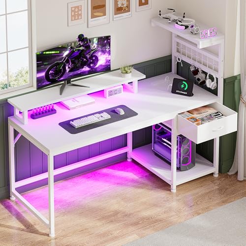 EnHomee 48 Inch White Desk with Drawer & Storage Shelves for Bedroom & Dorm | Drawer, Storage Shelves & PC Stand; Store Gaming Supplies and Tower Case for Tidy Study and Gaming Workspace, White - color: White, size: 48" W