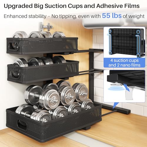Under Sink Organizer, 3-Tier Thickened Metal Pull out Cabinet Organizer Shelf, Height Adjustable Slide out Storage Drawer Rack for Kitchen Bathroom Pantry Laundry Home Organization, 2-Pack, Black | 35% More Storage Capacity, Carbon Steel, Hold Up 55lbs, S