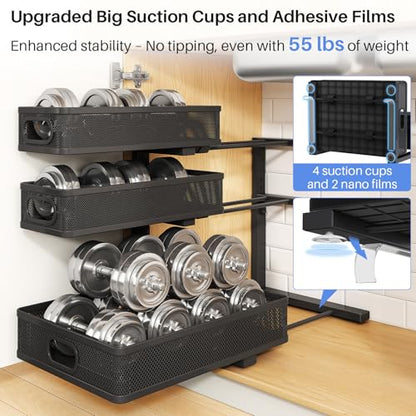 Under Sink Organizer, 3-Tier Thickened Metal Pull out Cabinet Organizer Shelf, Height Adjustable Slide out Storage Drawer Rack for Kitchen Bathroom Pantry Laundry Home Organization, 1-Pack, Black | 35% Extra Storage Capacity, Carbon Steel, Hold Up 55lbs,