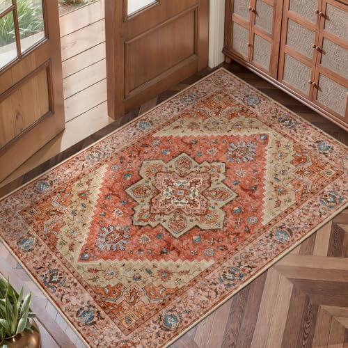 Tangsoo Vintage 2x3 Washable Rugs for Entryway, Non Slip Small Area Rug | Oriental Indoor Front Door Rug Mat,Boho Small Carpet, Soft Low Pile Throw Rugs for Entry Entrance Kitchen Terracotta Decor - color: Terracotta/Multi, size: 2' X 3' (Rectangular)