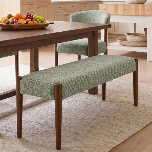 Usaint 42" End of Bed Bench with Wood Legs, Green with Walnut Leg | Modern Upholstered Bedroom Bench with Rubberwood Legs, Entryway Bench with Cushion, Dining Bench for Living Room, Bedroom - color: Green With Walnut Leg