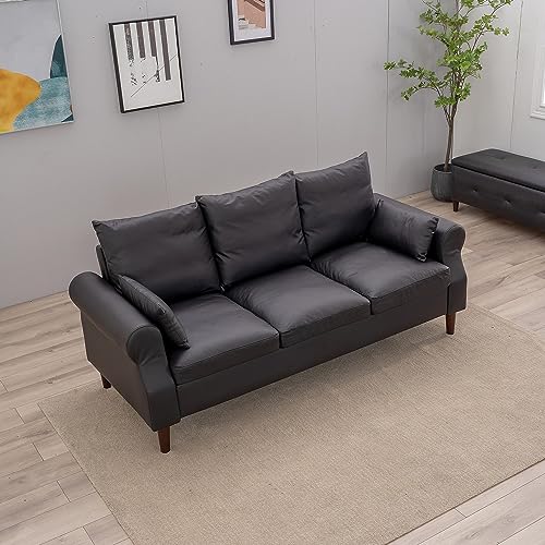 Panana 3 Seater Sofas Rolled Arms Design Couch Solid Wood Legs Settee for Living Room (Black Leathaire, 3 Seater) - color: Black Leather Look Fabric, size: 3 seater