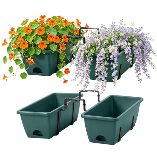 Deck Railing Planter Box Set of 2, Window Boxes Planters with Plant Hanger | Hanging Balcony Planters for Outdoor Plants, 17" Railing Flower Boxes Outdoor for Porch Rail Patio Garden DéCor, Green - color: Green