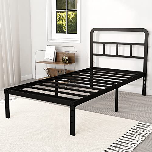 DiaOutro Twin Bed Frame with Headboard 14 Inch Metal Platform, Black | Heavy Duty Bed For Kids Adults, Steel Slat Supports No Box Spring Needed, Easy Assembly, Noise Free - size: Twin, style: 14 Inch