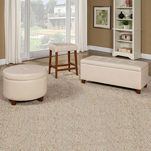 HomePop Round Leatherette Storage Ottoman with Lid, Ivory Large - color: Cream Faux Leather