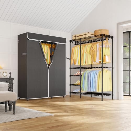 F2C Clothes Rack with Cover, Black Closet with Dark Gray Cover | Clothing Racks for Hanging Clothes, Heavy Duty Garment Rack with Shelves, 47.2"W x 16.5"D x 78.3"H, Load 630lbs - color: Black Closet with Dark Gray Cover