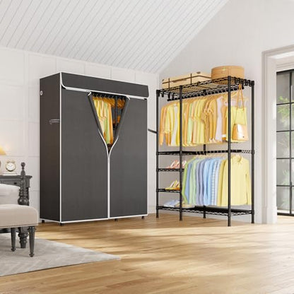 F2C Clothes Rack with Cover, Black Closet with Dark Gray Cover | Clothing Racks for Hanging Clothes, Heavy Duty Garment Rack with Shelves, 47.2"W x 16.5"D x 78.3"H, Load 630lbs - color: Black Closet with Dark Gray Cover