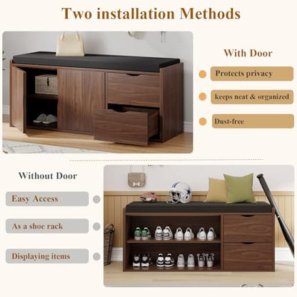 LVB 40” Entryway Bench with Padded Seat Cushion Shoe Bench with 2 Drawers | Wood Hidden Shoe Bench with 2 Drawers Cabinet, Industrial storage Bench for Foyer entrance Living Bedroom, Walnut Oak - color: Walnut Oak