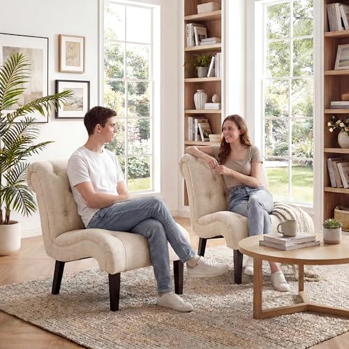 Mid Century Modern Accent Chair, Button Tufted Armless Lounge Chair, Upholstered Linen Side Chair with Solid Wood Legs for Bedroom, Living Room, Office - color: Cream, size: 1 Chair