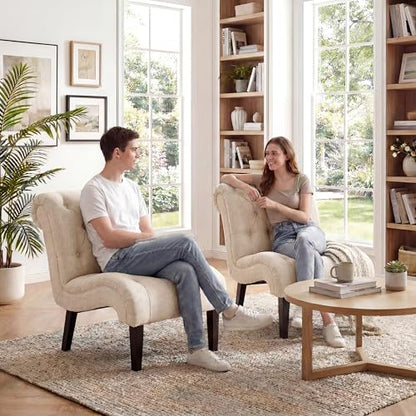 Mid Century Modern Accent Chair, Button Tufted Armless Lounge Chair, Upholstered Linen Side Chair with Solid Wood Legs for Bedroom, Living Room, Office - color: Cream, size: 1 Chair