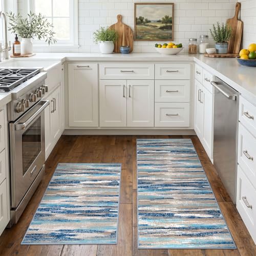 Lansny Modern Abstract Washable Kitchen Rug Non Slip Set of 2, 2x3 and 2x5 | Blue;Thin Printed Faux Wool Rug and Runner Set;Throw Rugs for Bedside, Hallway, Entryway, Laundry Room;Floor Carpet Runner - color: Blue Aqua/Beige Taupe Multi, size: 2' x 5' (Se