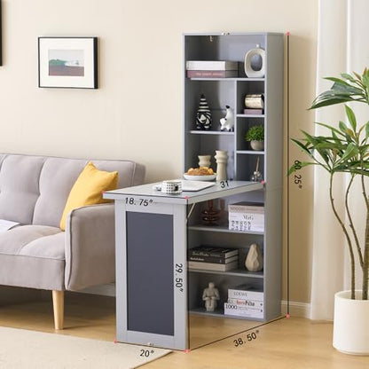 Folding Desk with Storage,Fold Out Convertible Wall Mounted Table,Grey | Space-Saving,Foldable Desk with Blackboard and Shelves, Multi-Function Desk Cabinet , Murphy Desk Home Office Workstation - color: Grey