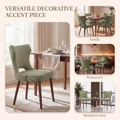 Wooden Dining Chairs Set of 2, Mid Century Dining Room Chairs with Solid Wood Legs, Upholstered Fabric Kitchen Chairs with Ergonomic Curved Backrest for Kitchen Dining Room, Green - color: Green, size: Set of 2