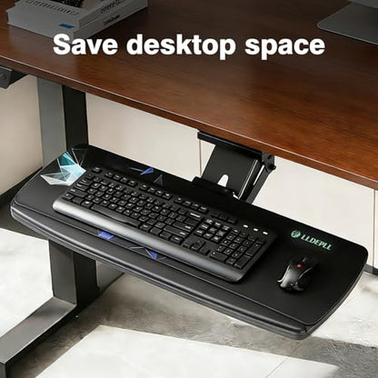Keyboard Tray Under Desk with Storage Drawer, Height Adjustable Keyboard Tray Slide Out 360° Swivel Tilt, Ergonomic Under Desk Mount Keyboard & Mouse pad Lighting, Black - size: 25” Length with Lighting