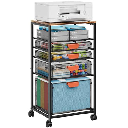 Marbrasse Rolling File Cart with 4 Storage Drawers, Mobile File Cabinet on Lockable Wheels, Hanging Filing Cabinet Organize, Under Desk Utility Cart for Home Office - Dark Brown