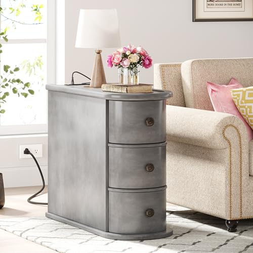 Solid Wood End Table with Charging Station, No Assembly Required Narrow Sofa Side Table for Living Room, Vintage Slim Nightstand Bedside Table (3 Drawers, Grey, 1Pc) - color: Grey, size: 1Pc, style: 3 Drawers