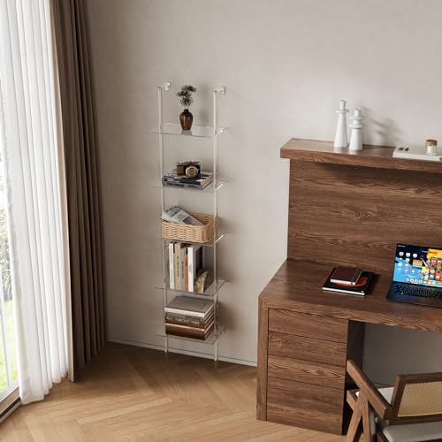 Small Acrylic Ladder Bookshelf, 9.5" D x 15.6" W, 5-Tier Clear Wall Mounted Book Shelf for Small Spaces, Multipurpose Bookcase for Living Room, Bathroom, Office, Modern, 73" H - size: 5-Tier