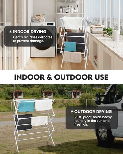 3-Tier Metal Folding Clothes Drying Rack, Laundry Drying Rack Clothing | Collapsible Dryer Racks for Laundry | Indoor & Outdoor, White - color: White