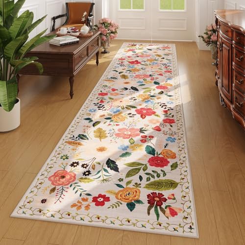 Rugcomf Washable Kitchen Runner 2'7"x12' - Floral Long Hallway Runner Rug Non Slip, Boho Carpet for Entryway, Hall, Bathroom - Beige - color: Beige, size: 2'7" x 12' (Rectangular)