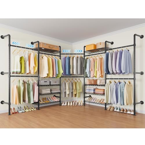 L5 Expandable Closet Rack Wall Mount for Corner, L Shape Heavy Duty Hanging Garment Rack Clothing Rack with 8 Adjustable Shelves & 4 Hanger Rods, Closet System for Hanging Clothes, Black - color: Black