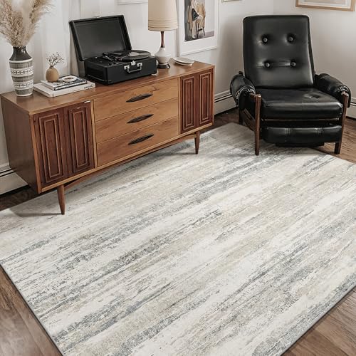Washable Rug 4x6.5,Modern Abstract Area Rugs for Bedroom Living Room Office Playroom,Small Non Slip Throw Carpet Indoor,Low Pile Accent Neutral Beige and Grey - color: Beige, size: 4' x 6'6" (Rectangular)