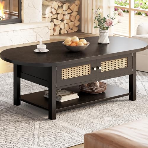 LVB Oval Coffee Table, 47" Rattan Boho Wood Living Room Table with Storage | Modern 2-Tier Cocktail Tea Table with Doors & Open Shelf, Farmhouse Vintage Center Tables for Bedroom Office, Black Oak - color: Black Oak
