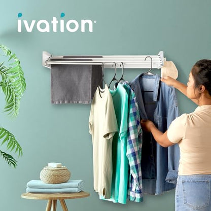 Ivation Retractable Wall Mounted Clothes Drying Rack, 32" Foldable Laundry Drying Rack for Clothing | Collapsible Space-Saving Design & 5 Rods | Easy Installation with Hardware & Wall Template (White) - size: 32 Inch