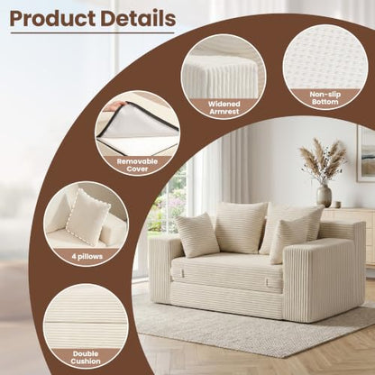 Boneless Mini Couch 53 Inch, 3 -in-1 Beige Boneless Couches Covertible Sofa Bed with 4 Pillows, Small Couches for Living Room, Bedroom, Small Space - color: Beige, size: 53 Inch