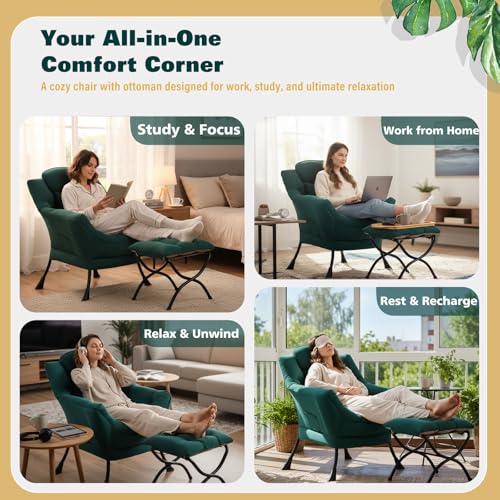 Lazy Chair with Ottoman, Comfy Reading Chair for Bedroom, Green | Comfy Bedroom Accent Chair with Washable Removable Cover and extra throw pillow for Living Room Dorm - color: Peach Dark Green-1