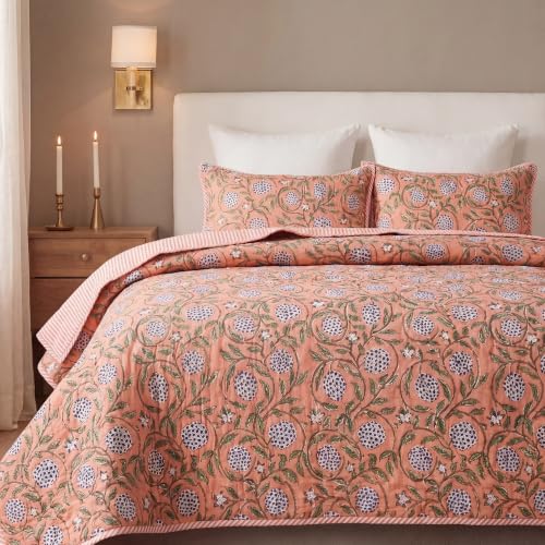 Block Print Reversible Cozy Quilt Dark Salmon Pink Queen 90" x 96" Lightweight Blanket for Sofa, Couch, Bed Soft Breathable Comforter Handmade Bedspread Duvet for Farmhouse, Home, Winter - color: Dark Salmon Pink, size: Queen 90" x 96"