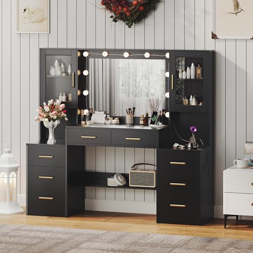 TOKSOM Black Vanity Desk with Mirror, Lights & Charging Station, 58.3" 3 Lighting Modes Makeup Desk with 8 Drawers, 2 Cabinets and Lots Storage, Dressing Table Vanity Set with Lighted Mirror - size: 58.3 inch, style: Modern Black