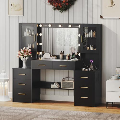 TOKSOM Black Vanity Desk with Mirror, Lights & Charging Station, 58.3" 3 Lighting Modes Makeup Desk with 8 Drawers, 2 Cabinets and Lots Storage, Dressing Table Vanity Set with Lighted Mirror - size: 58.3 inch, style: Modern Black
