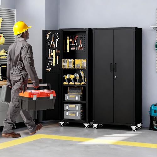 Rolling Tool Cabinet with Pegboard, 71" Tool Cabinets with 3 Adjustable Shelves for Garage, Tool Room, Assembly Required(Black) - color: Black, size: 71''H-2 Doors & Pegboard