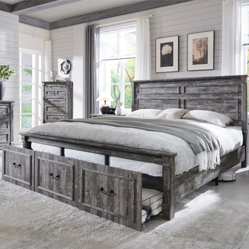 Aitjunz Farmhouse King Size Bed Frame with 51" Tall Headboard, Wood Platform Bed Frame with 20" Tall Roman Column Decoration Footboard & 3 Large Storage Drawers, No Box Spring Needed (Light Grey) - color: Light Grey, size: King