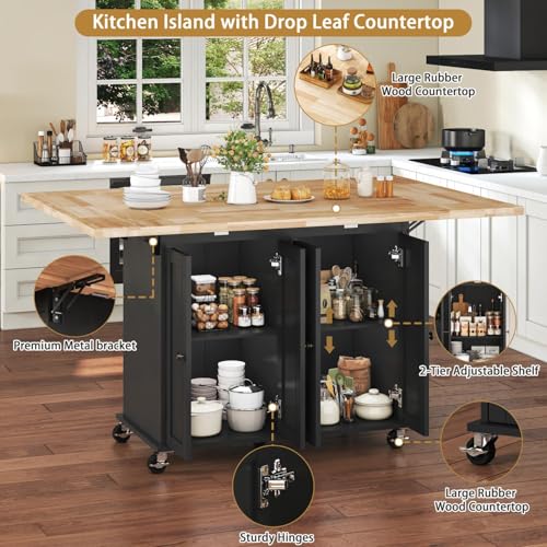 62.8 INCH Rolling Kitchen Island Cart with Double Drop Leaf, Small Mobile Kitchen Cart on Wheels, Folding Kitchen Island with Large Tbletop, Adjustable Shelves for Dining Room - color: Black
